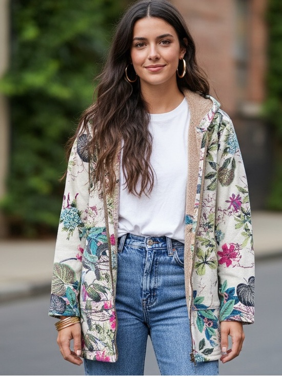 None Jackets & Blazers - Cozy Soft Boho Light Plant Floral Hooded Zip-up Jacket Tan Fleece Lining Size L